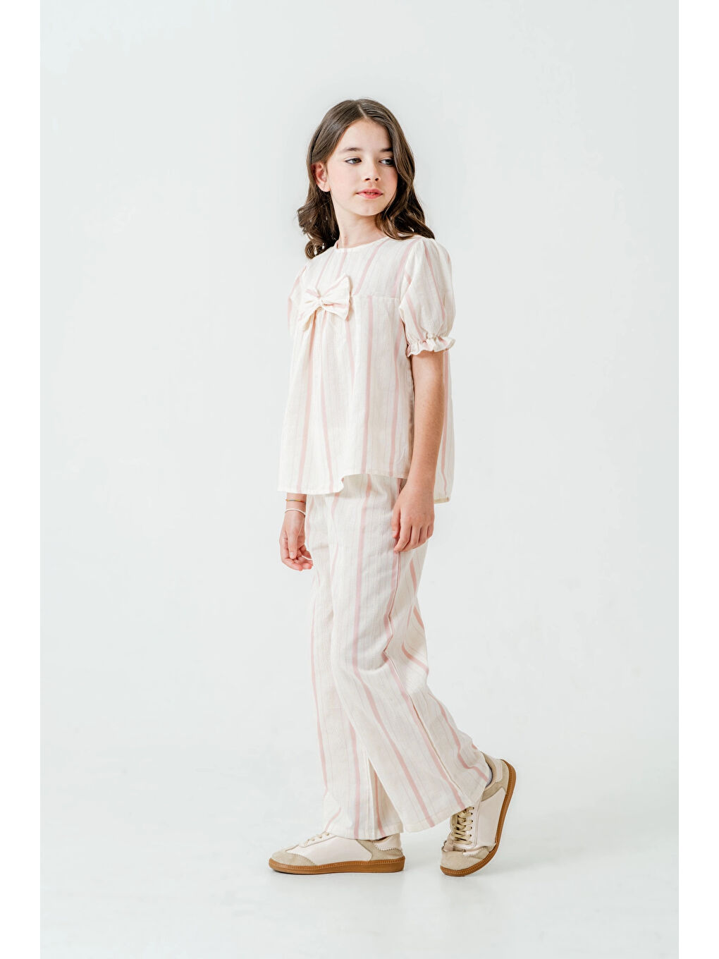 Pembe Kurdelalı Çizgili Kız Çocuk Takım 3837-3