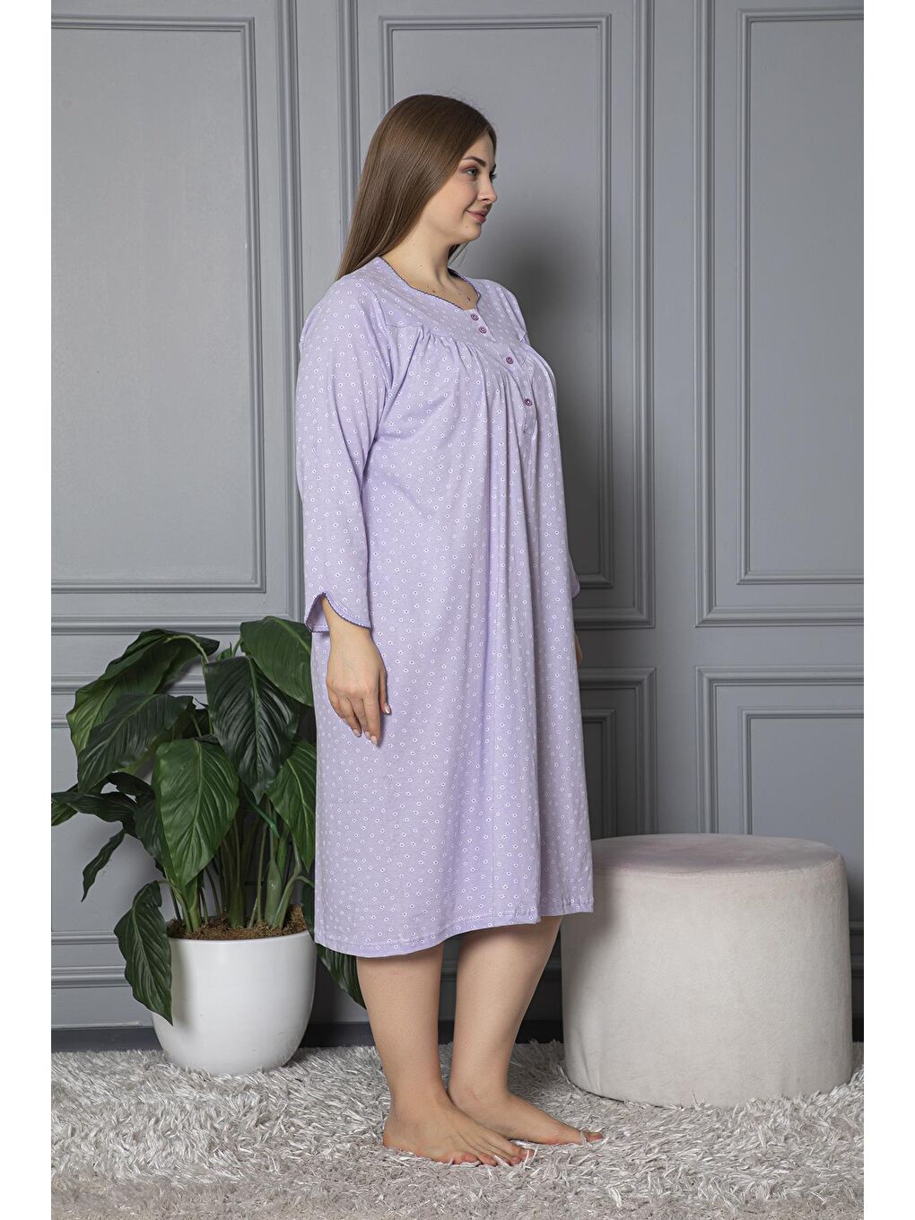 Lila %100 Pamuklu Mevsimlik Uzun Kollu Penye Büyük Beden Anne Geceliği 833-4