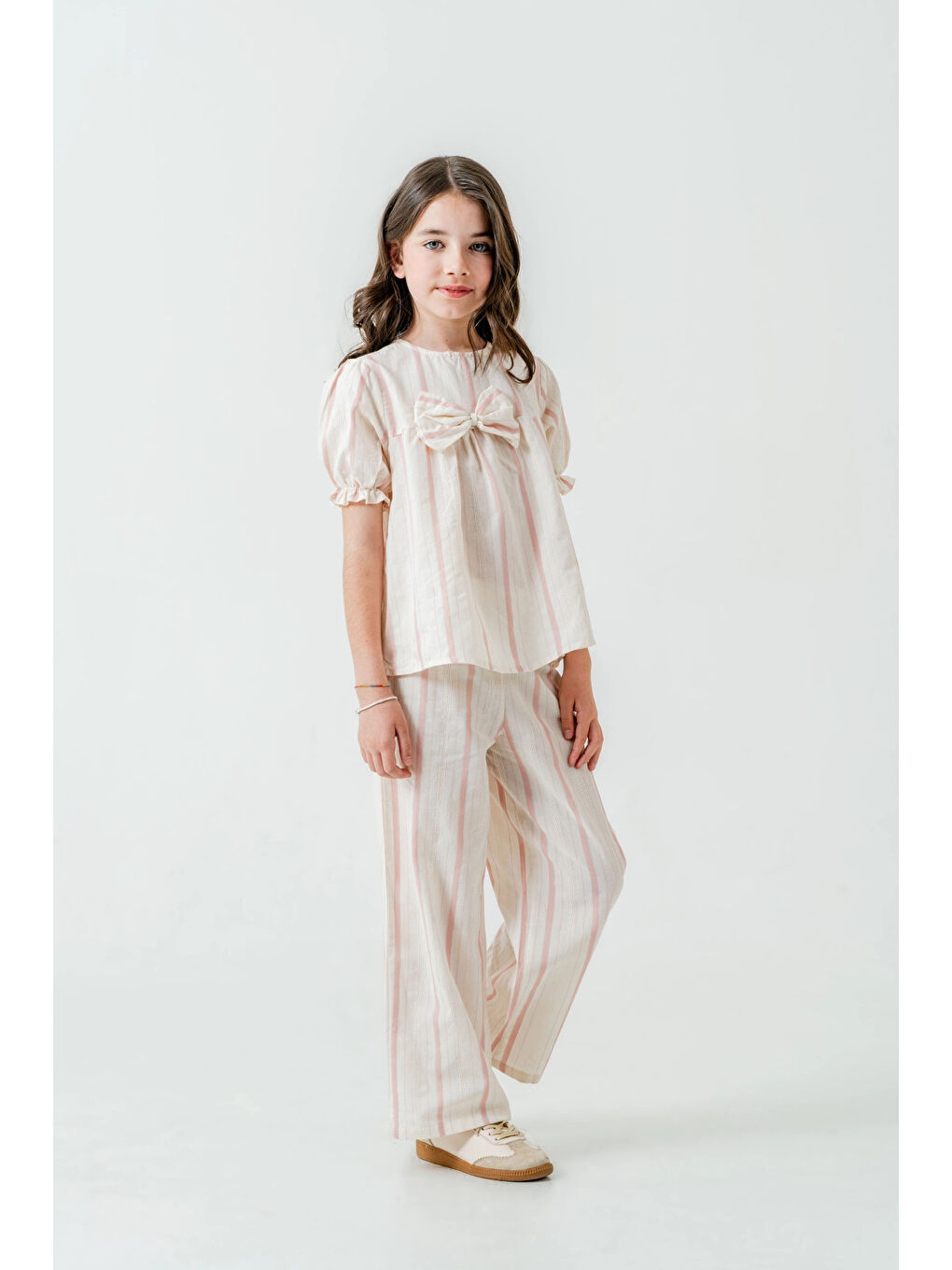 Pembe Kurdelalı Çizgili Kız Çocuk Takım 3837-4