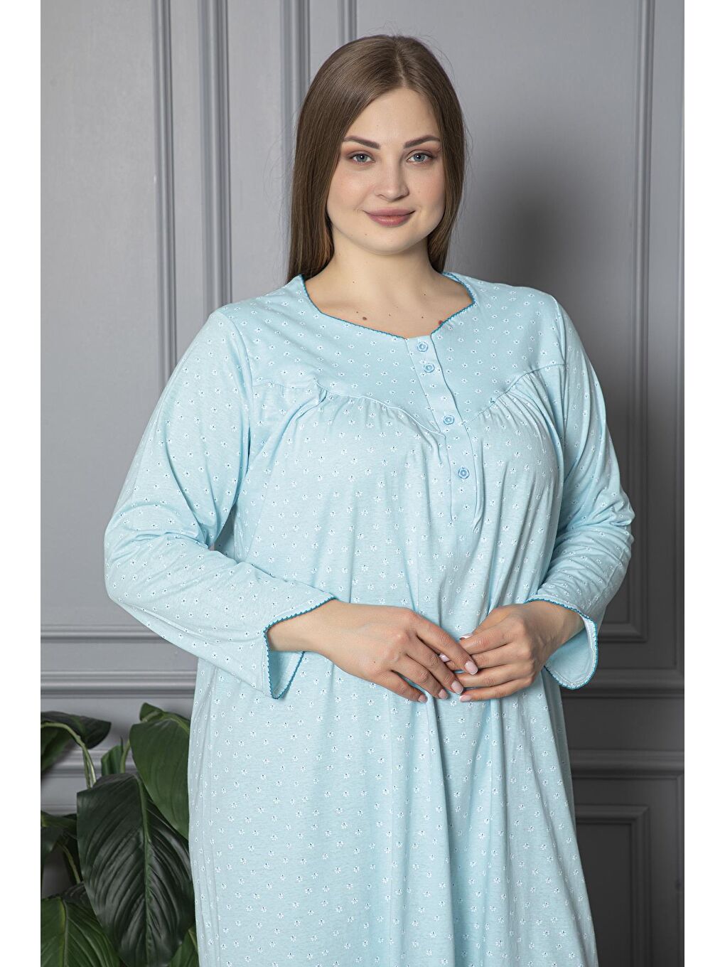 Turkuaz %100 Pamuklu Mevsimlik Uzun Kollu Penye Büyük Beden Anne Geceliği 833-2