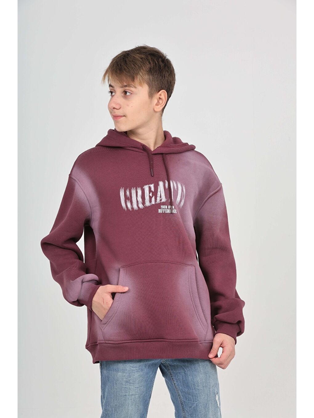 Mor Erkek Çocuk Relax Fit Kapüşonlu Cepli Baskılı Sweatshirt-1
