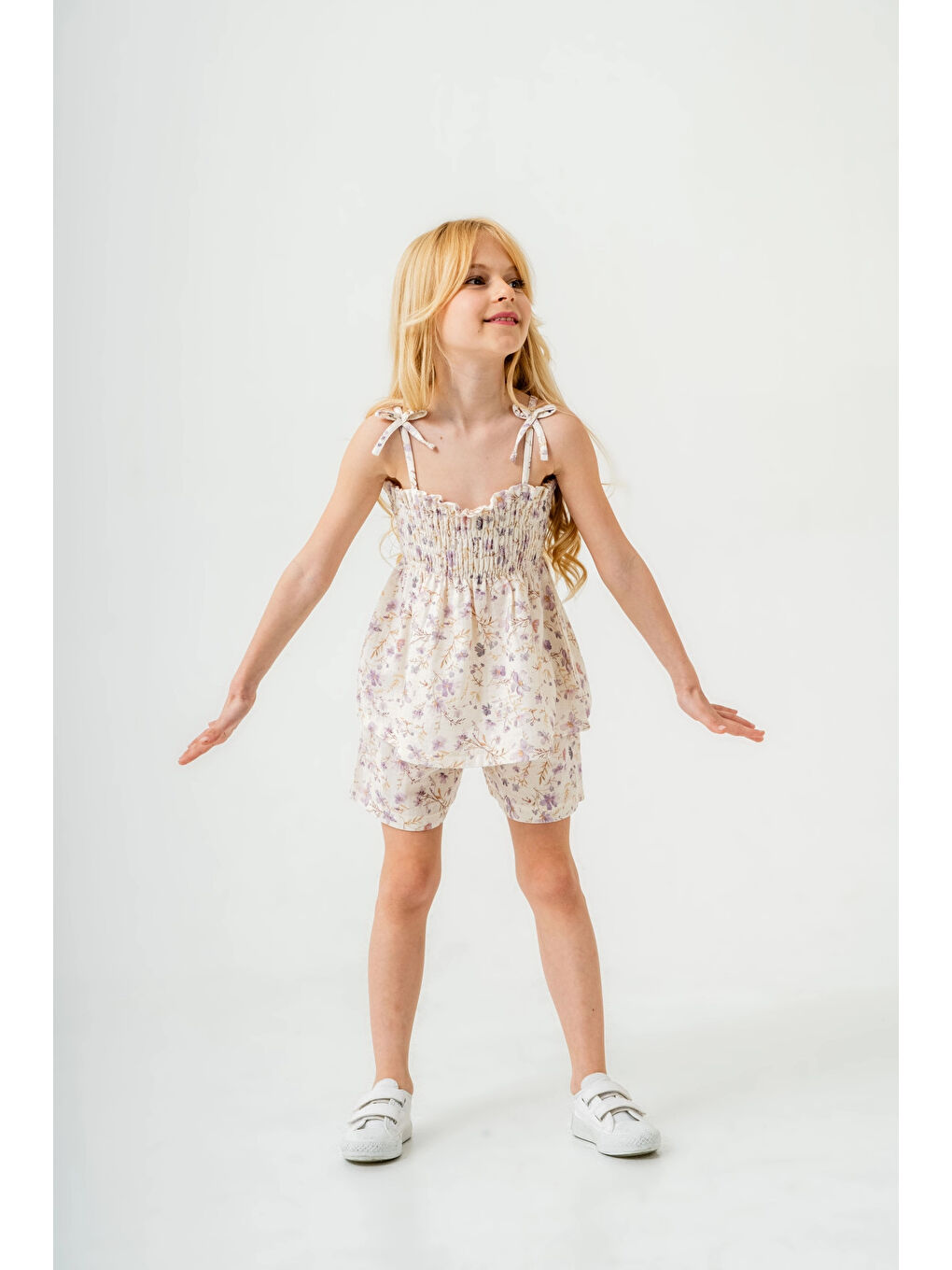 Lila Çiçek Desenli İnce Askılı Kız Çocuk Takım 3818-4