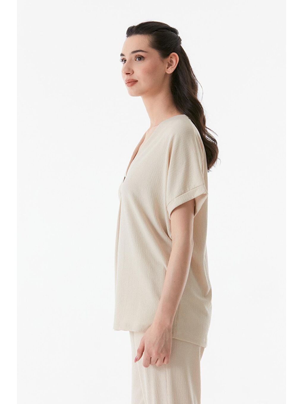 Bej Bürümcük Kumaş V Yaka Salaş Bluz-4