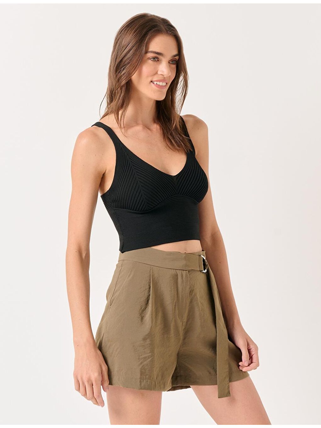 Haki Düz Kesim Normal Bel Düz Vual Şort-2