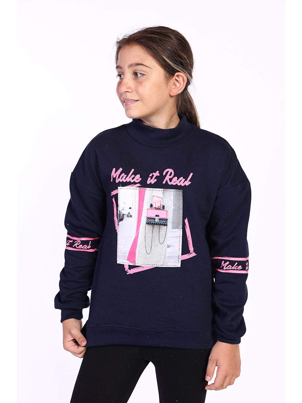 Toontoykids Lacivert Kız Çocuk Baskılı Taş İşlemeli Balıkçı Yaka Sweatshirt