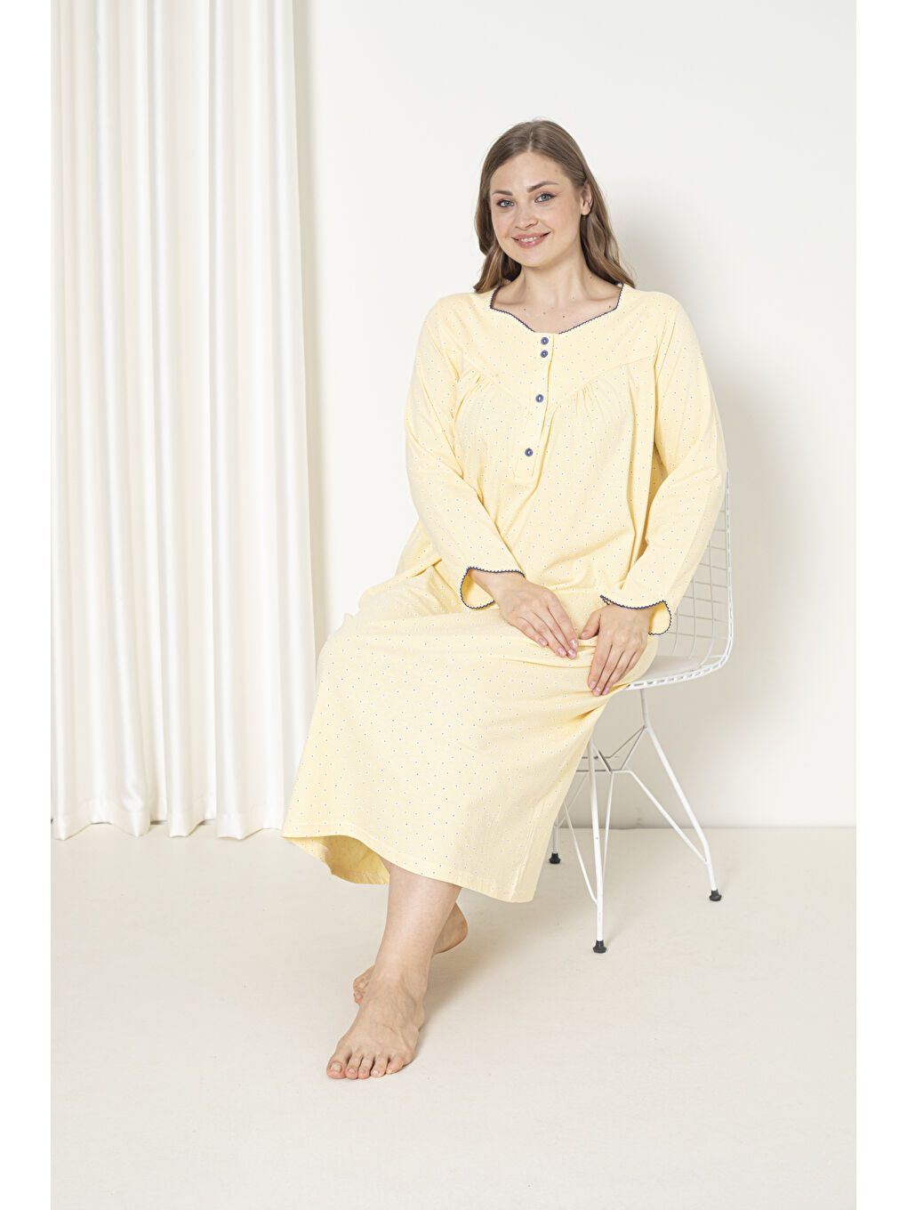 Sarı %100 Pamuklu Mevsimlik Uzun Kollu Penye Büyük Beden Anne Geceliği 833-3