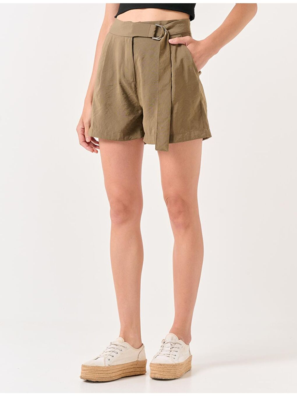 Haki Düz Kesim Normal Bel Düz Vual Şort-4
