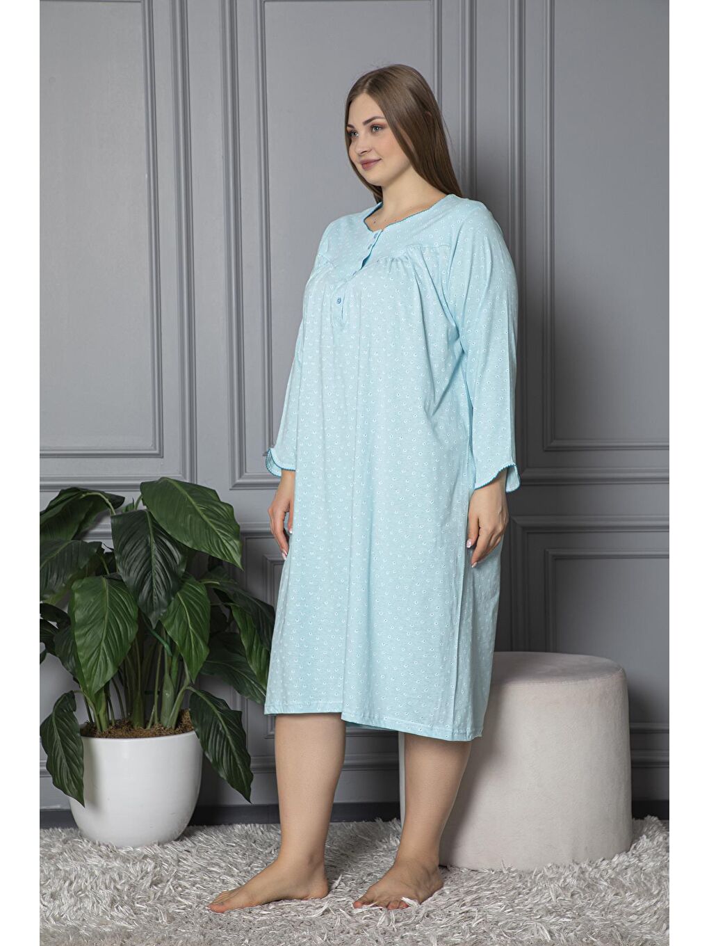Turkuaz %100 Pamuklu Mevsimlik Uzun Kollu Penye Büyük Beden Anne Geceliği 833-3