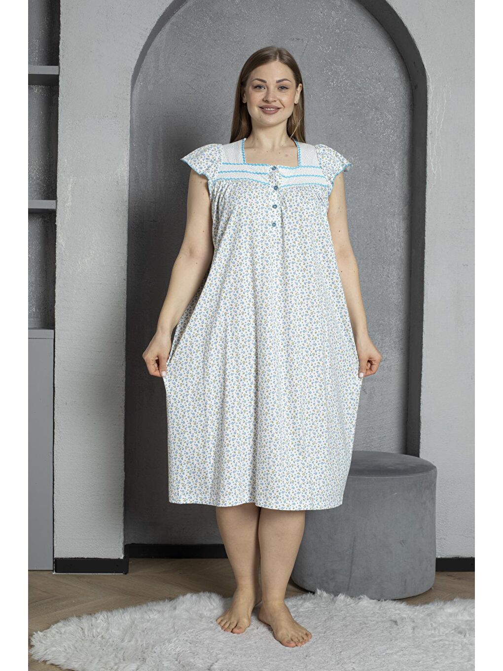 Turkuaz Düğmeli Yaka Kolsuz %100 Pamuklu Penye Büyük Beden Anne Geceliği 600