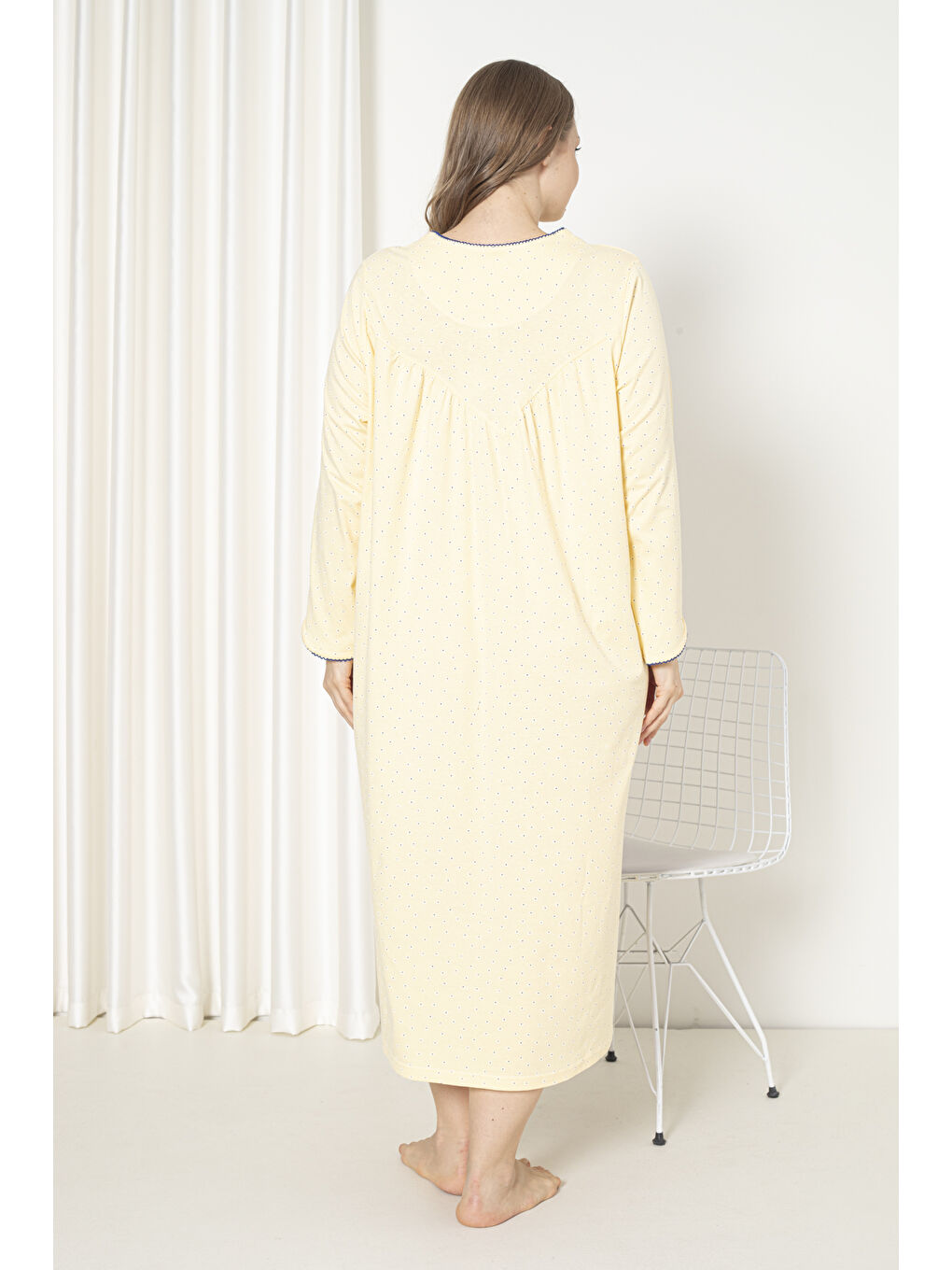 Sarı %100 Pamuklu Mevsimlik Uzun Kollu Penye Büyük Beden Anne Geceliği 833-4