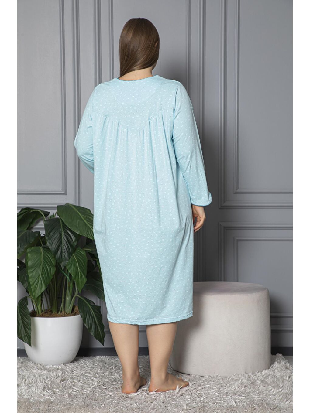Turkuaz %100 Pamuklu Mevsimlik Uzun Kollu Penye Büyük Beden Anne Geceliği 833-4