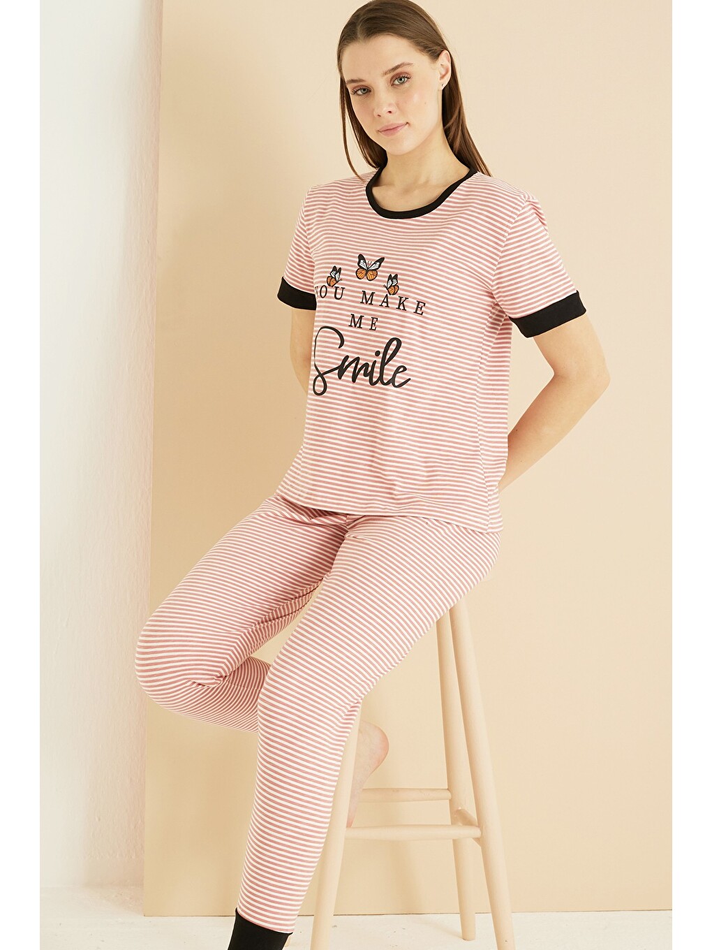Karışık Pamuklu Bisiklet Yaka Örme Pijama Takım25103192