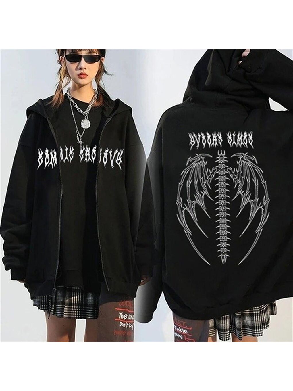 Touz Moda Siyah Fermuarlı Siyah Tribal Gothic Wings (Unisex) Kapşonlu