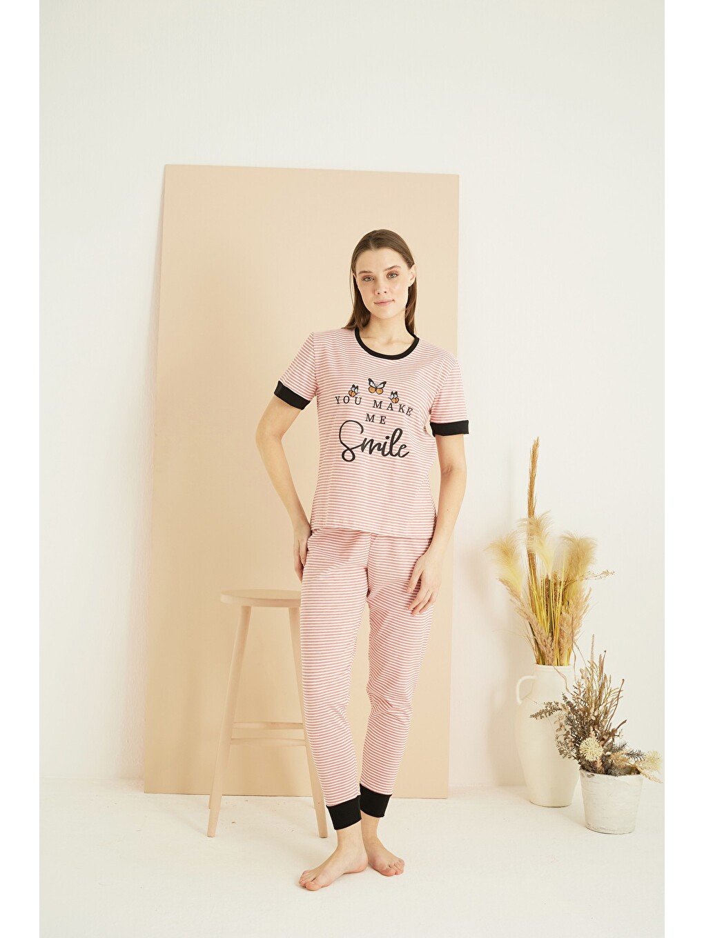 Karışık Pamuklu Bisiklet Yaka Örme Pijama Takım25103192-1