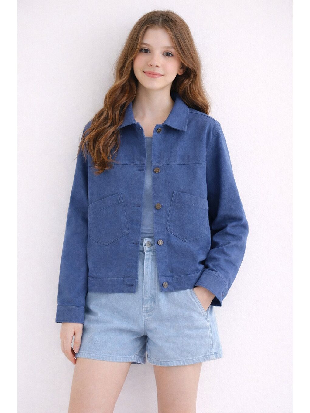 İndigo Sırtı Düğme Detaylı Kız Çocuk Gabardin Kumaş Ceket 23576