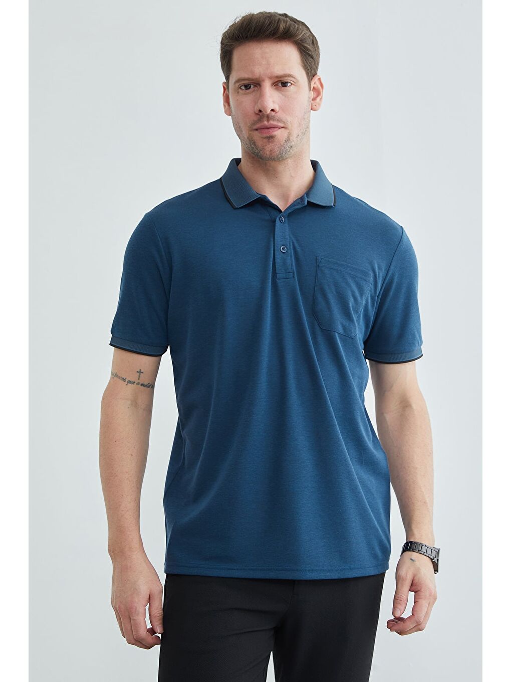 İndigo Tek Cepli Polo Yaka Tişört-1