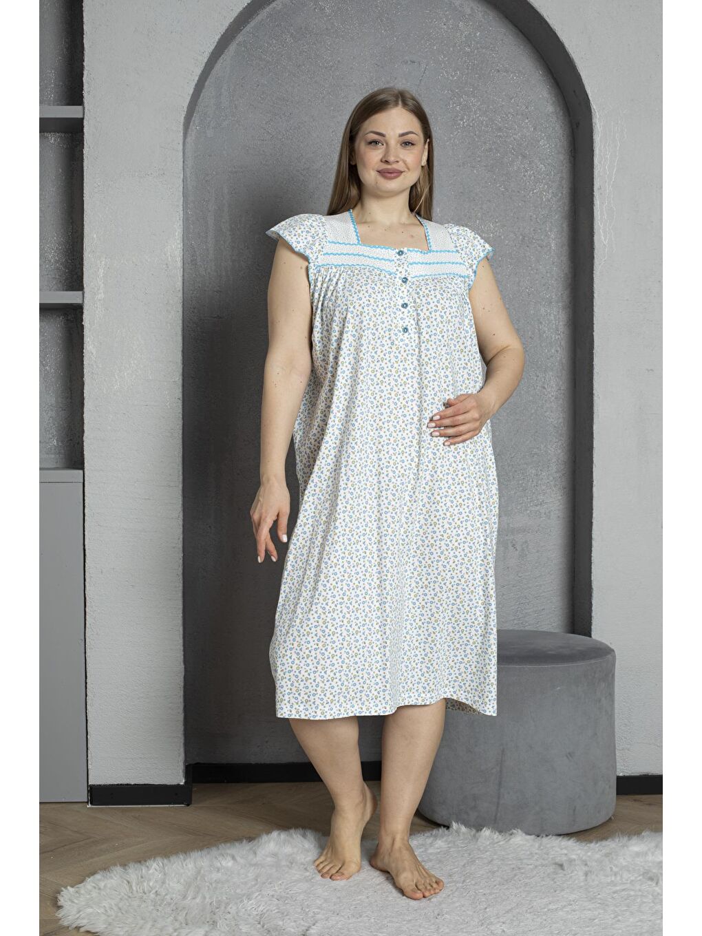 Turkuaz Düğmeli Yaka Kolsuz %100 Pamuklu Penye Büyük Beden Anne Geceliği 600-1