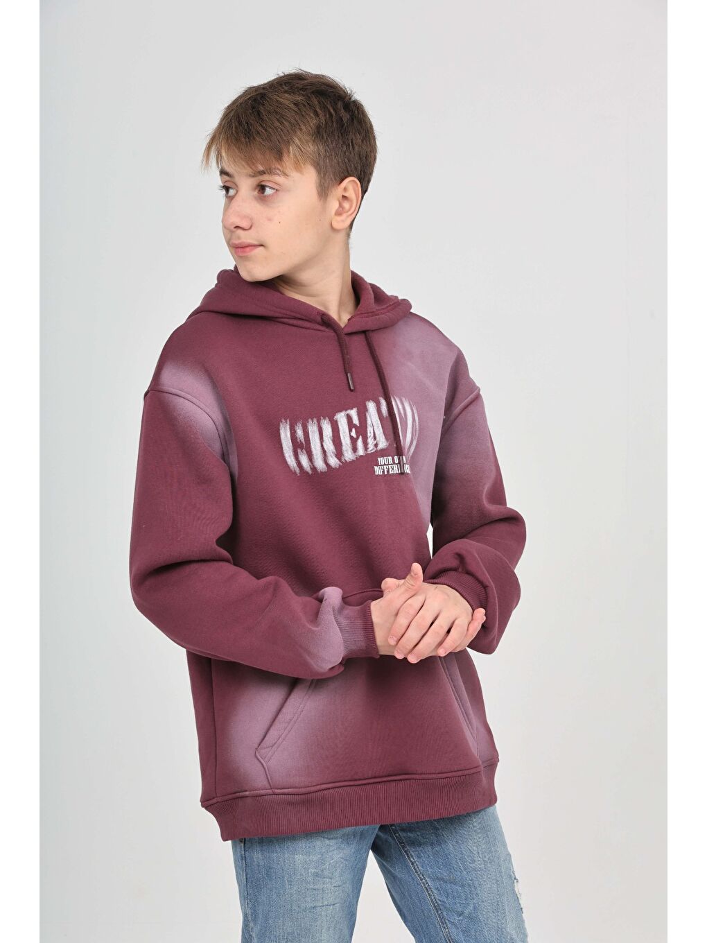Mor Erkek Çocuk Relax Fit Kapüşonlu Cepli Baskılı Sweatshirt-3