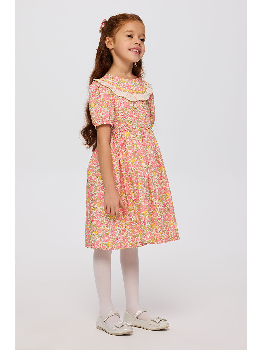 Pembe Liberty Kumaş Çiçek Desenli Kız Çocuk Elbise-1