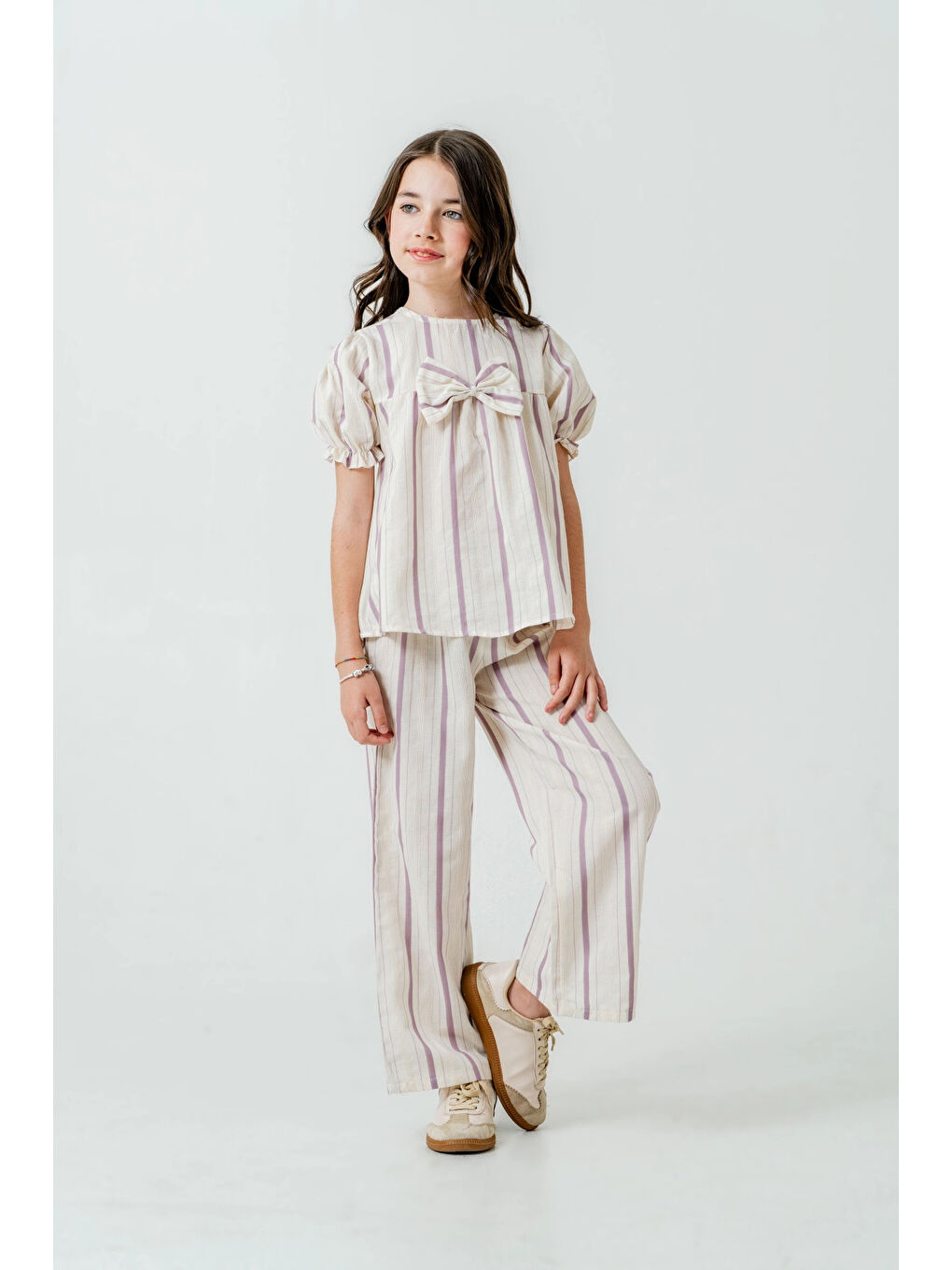 Lila Kurdelalı Çizgili Kız Çocuk Takım 3837-1