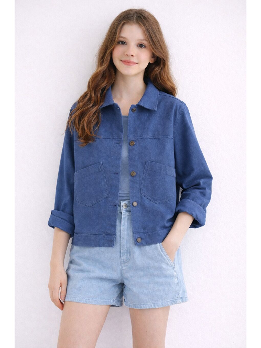 İndigo Sırtı Düğme Detaylı Kız Çocuk Gabardin Kumaş Ceket 23576-1