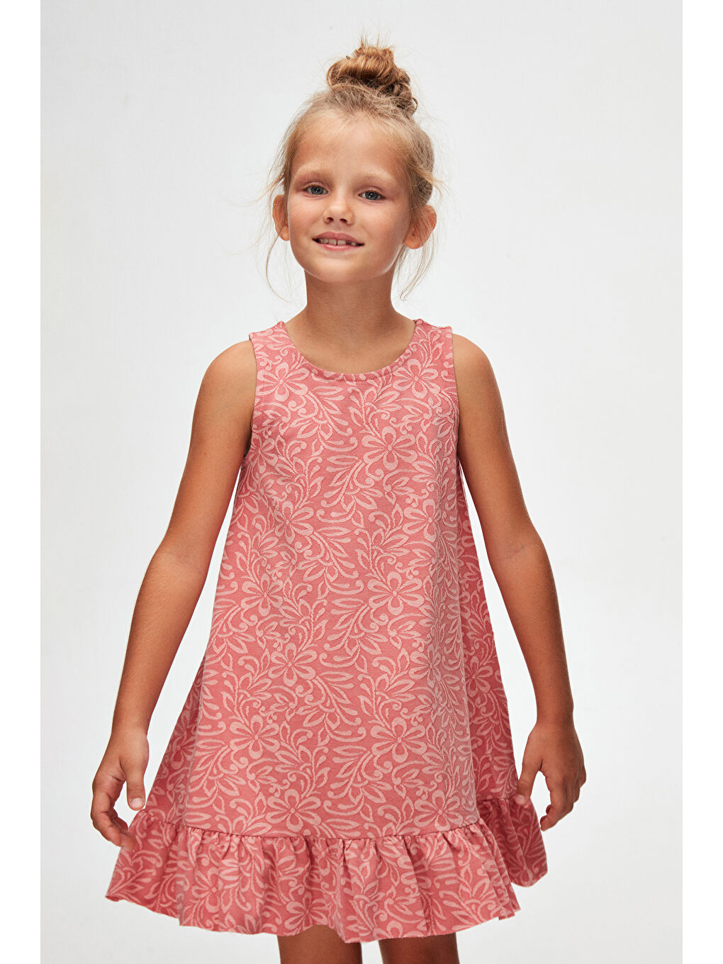 Kırmızı Nar Çiçeği Yaprak Desen Kız Çocuk Fırfırlı Çan Etekli Elbise-1