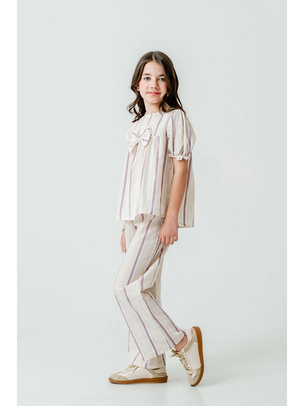 Lila Kurdelalı Çizgili Kız Çocuk Takım 3837-2