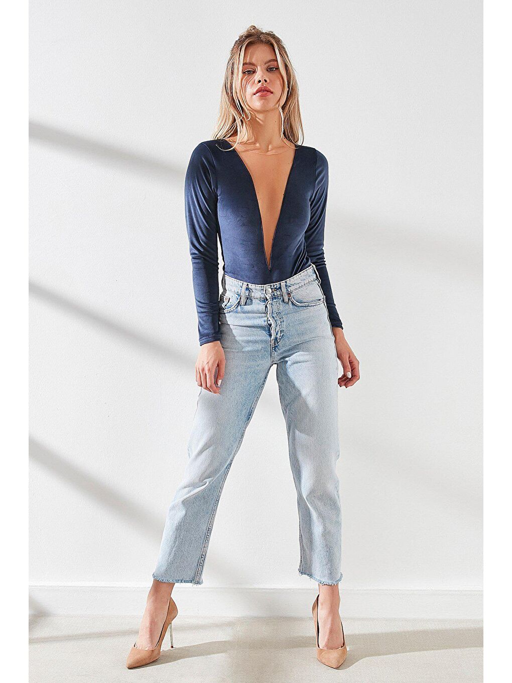 Uzun Kollu Kadife Bodysuit 9072 İndigo