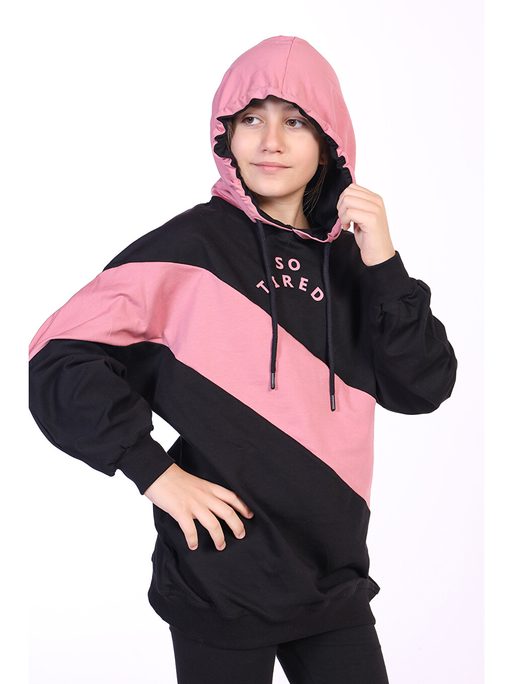 Pembe Kız Çocuk So Tıred Baskılı Elbise