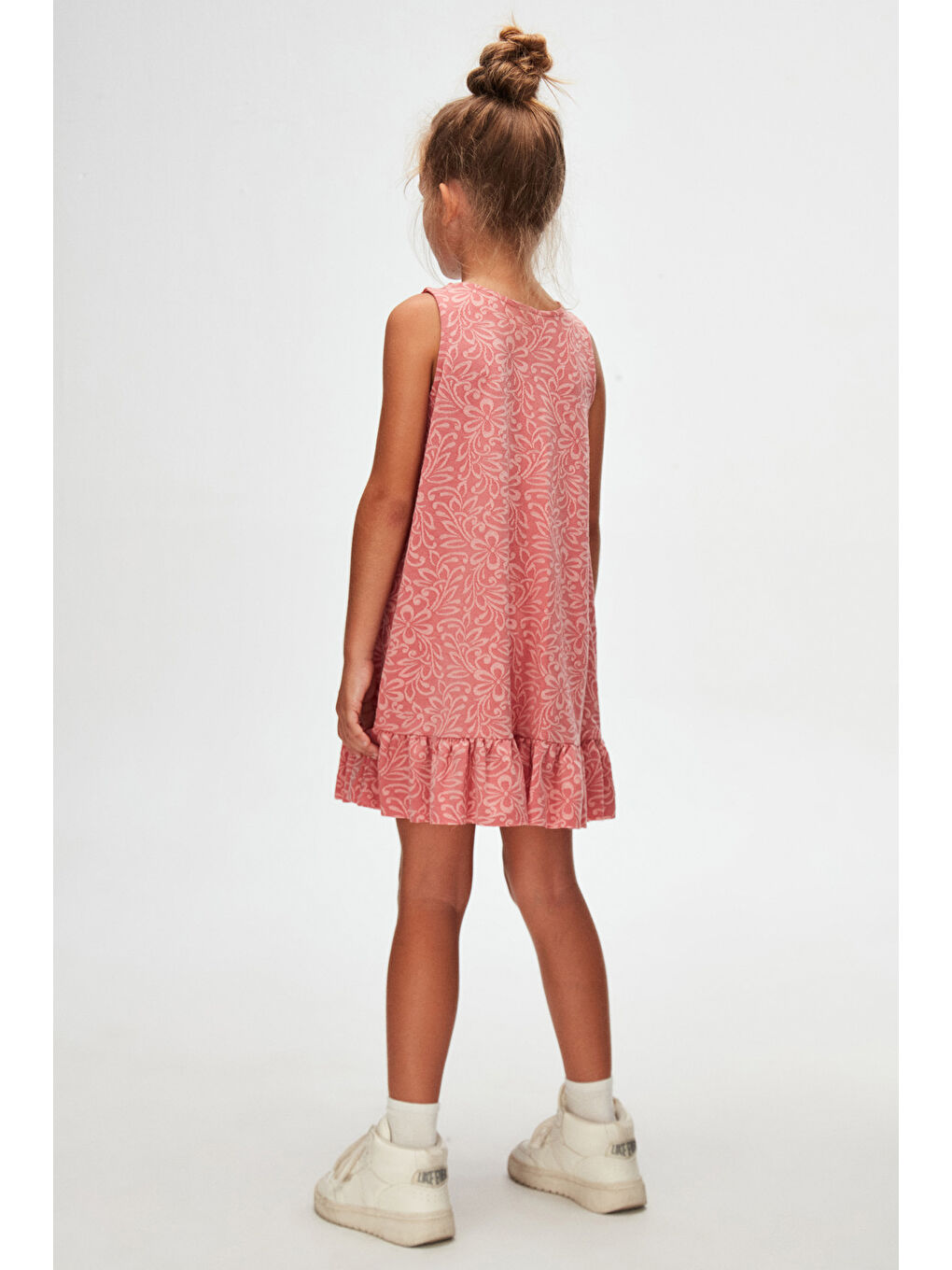 Kırmızı Nar Çiçeği Yaprak Desen Kız Çocuk Fırfırlı Çan Etekli Elbise-3