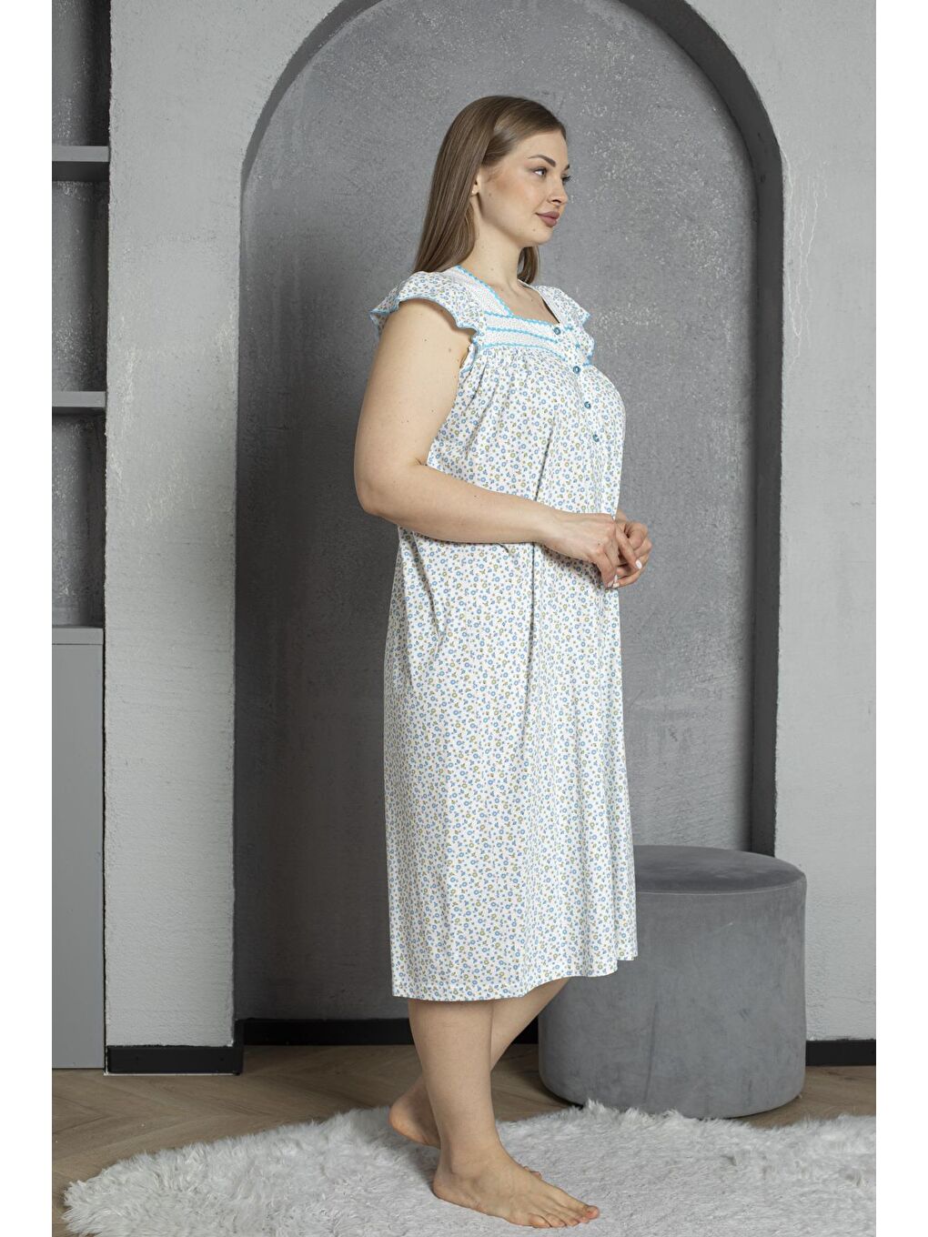 Turkuaz Düğmeli Yaka Kolsuz %100 Pamuklu Penye Büyük Beden Anne Geceliği 600-2