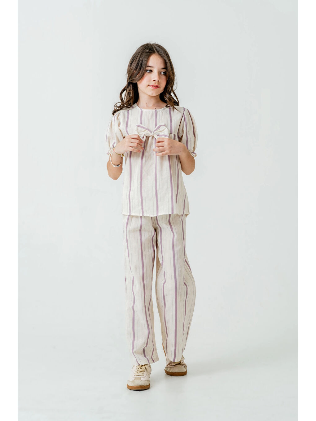 Lila Kurdelalı Çizgili Kız Çocuk Takım 3837-4