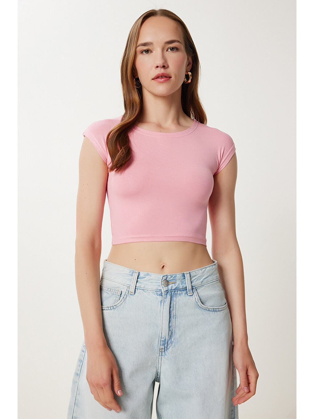 Pembe Basic Crop Örme Bluz PEMBE LZV0082-1