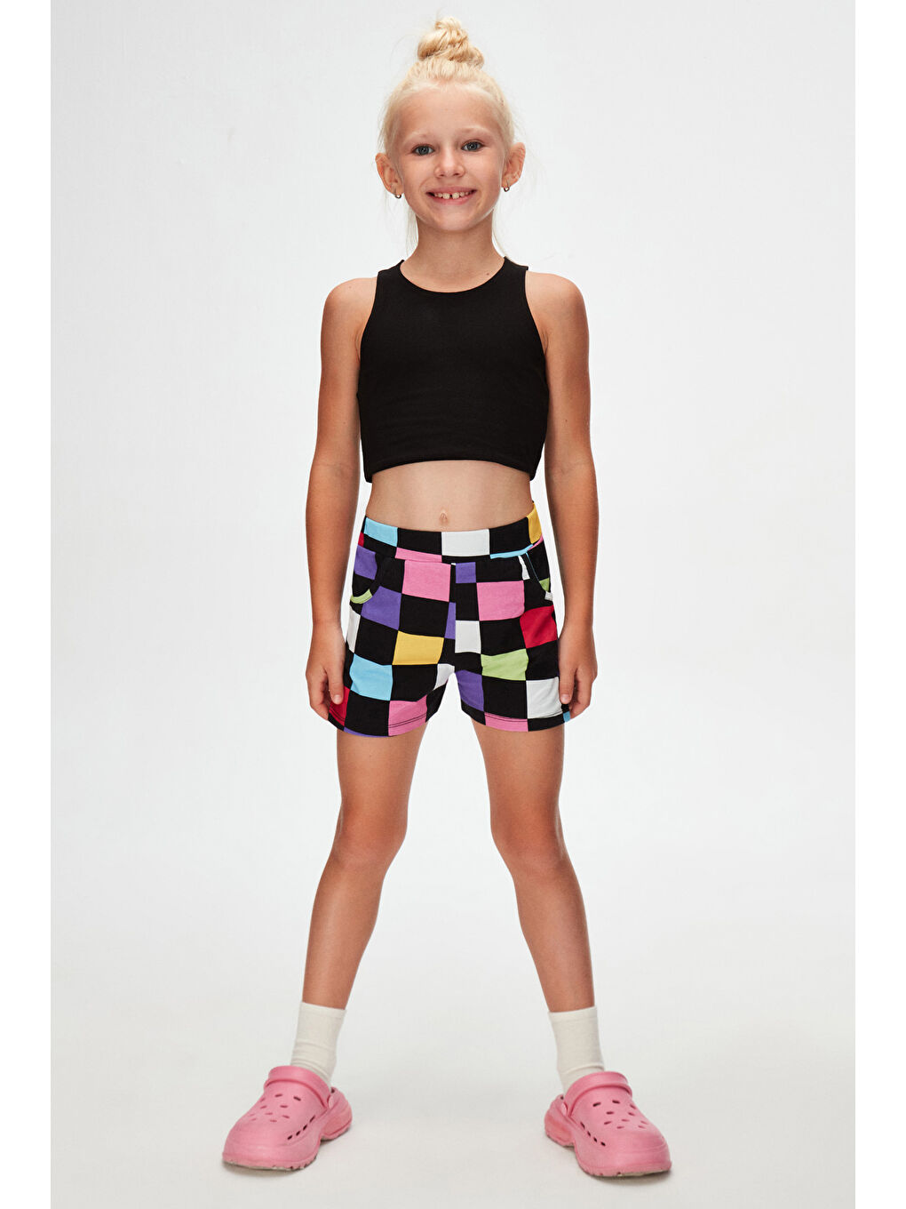 Karışık Op Art Checkers Kız Çocuk Cepli Desenli Şort