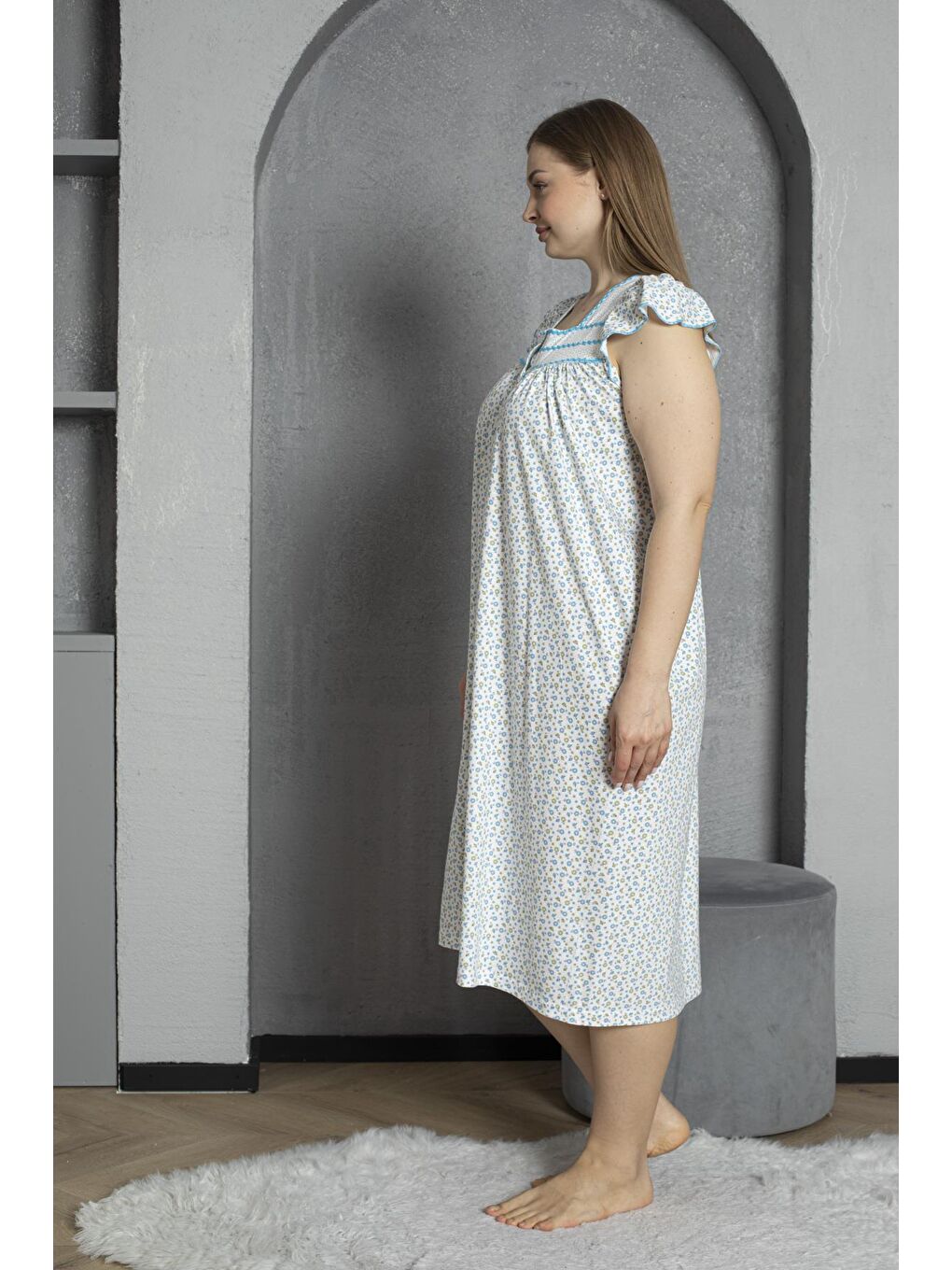 Turkuaz Düğmeli Yaka Kolsuz %100 Pamuklu Penye Büyük Beden Anne Geceliği 600-3