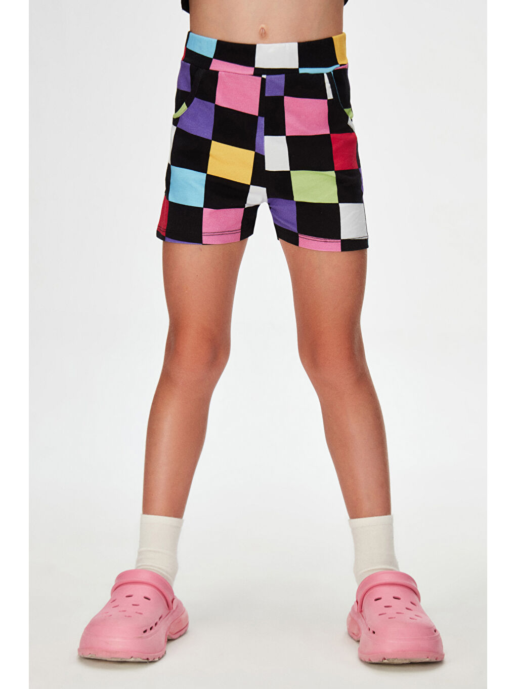 Karışık Op Art Checkers Kız Çocuk Cepli Desenli Şort-1