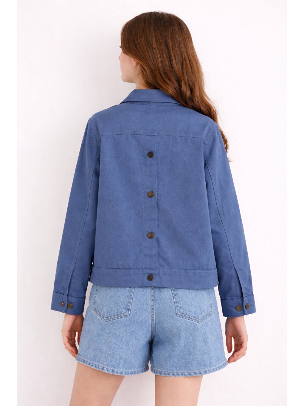 İndigo Sırtı Düğme Detaylı Kız Çocuk Gabardin Kumaş Ceket 23576-3