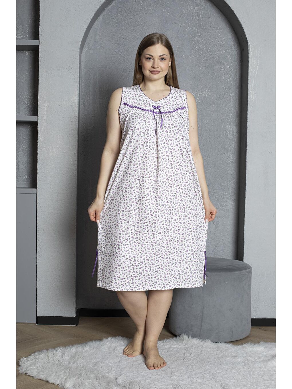 Mor Sıfır Kol V Yaka %100 Pamuklu Penye Büyük Beden Anne Geceliği 819