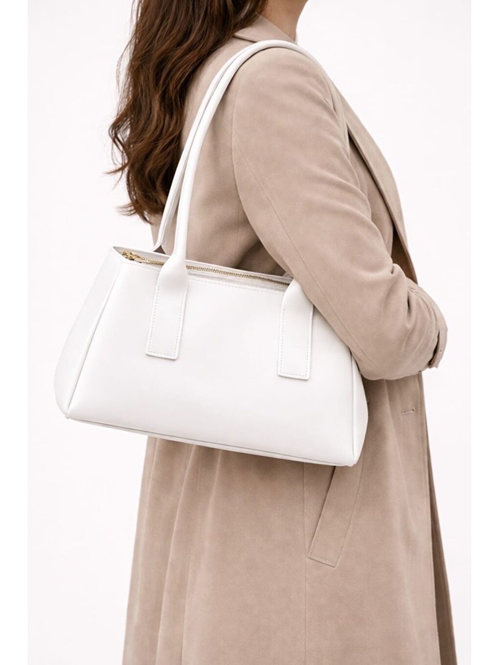 Beyaz Kadın Minimalist Baget Omuz Çantası - Modern Tasarım El ve Kol Çantası 12659-1