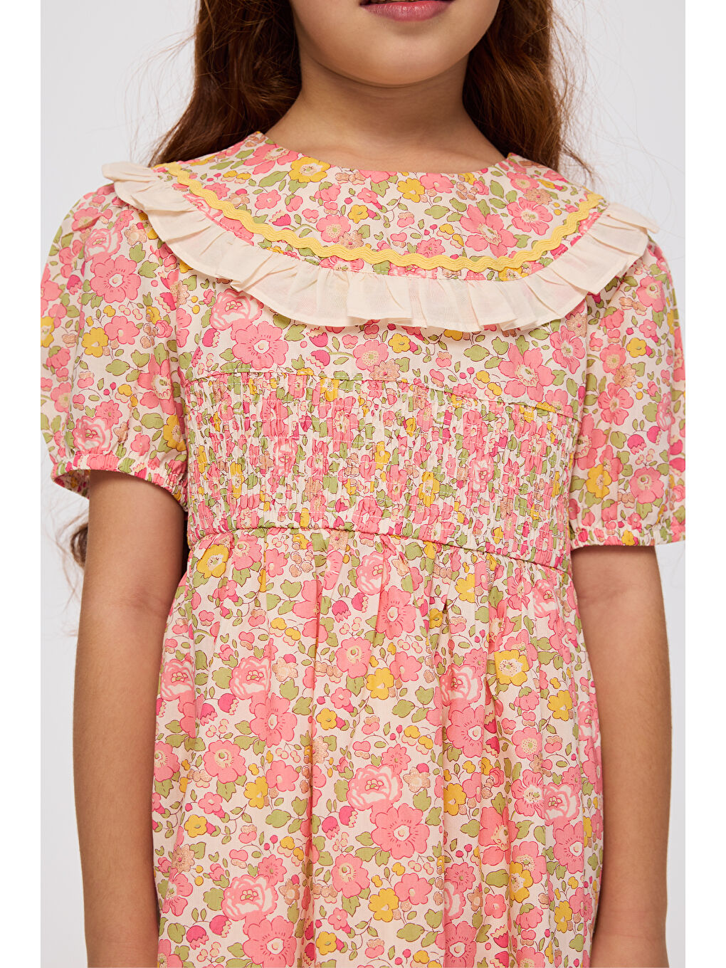 Pembe Liberty Kumaş Çiçek Desenli Kız Çocuk Elbise-5