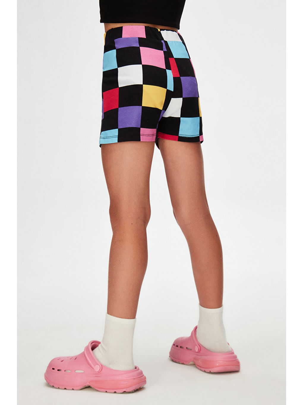 Karışık Op Art Checkers Kız Çocuk Cepli Desenli Şort-3
