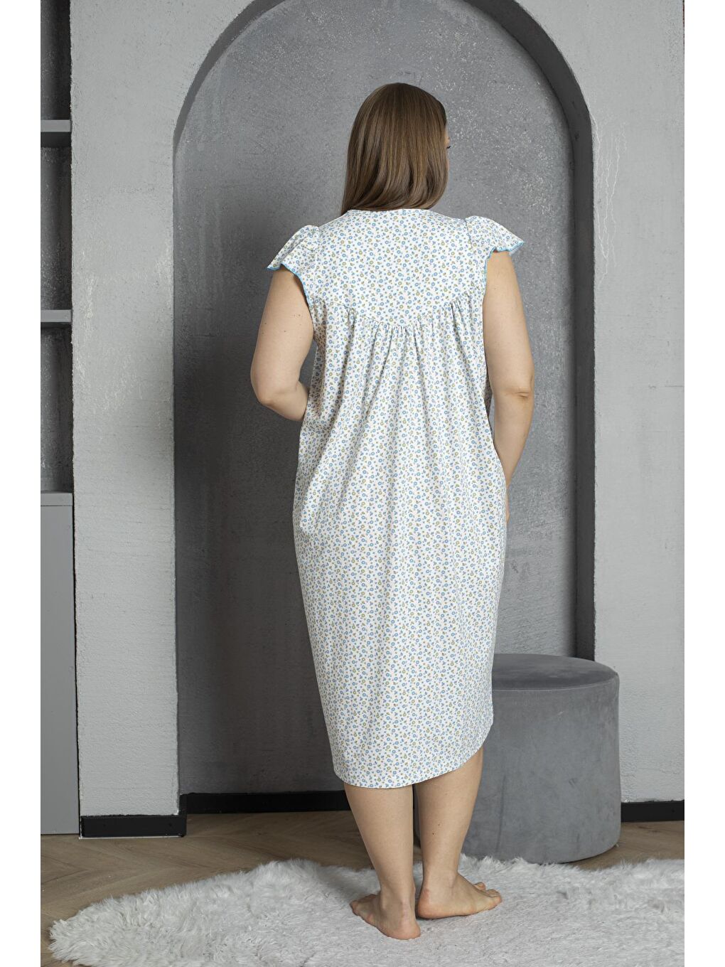 Turkuaz Düğmeli Yaka Kolsuz %100 Pamuklu Penye Büyük Beden Anne Geceliği 600-4