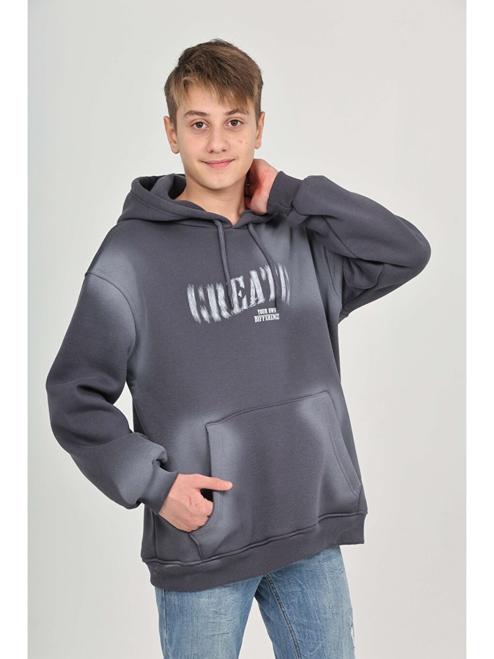 Antrasit Erkek Çocuk Relax Fit Kapüşonlu Cepli Baskılı Sweatshirt-1
