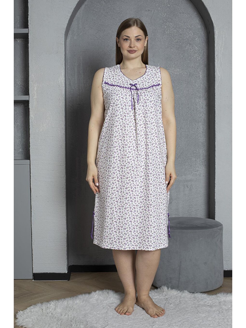 Mor Sıfır Kol V Yaka %100 Pamuklu Penye Büyük Beden Anne Geceliği 819-1