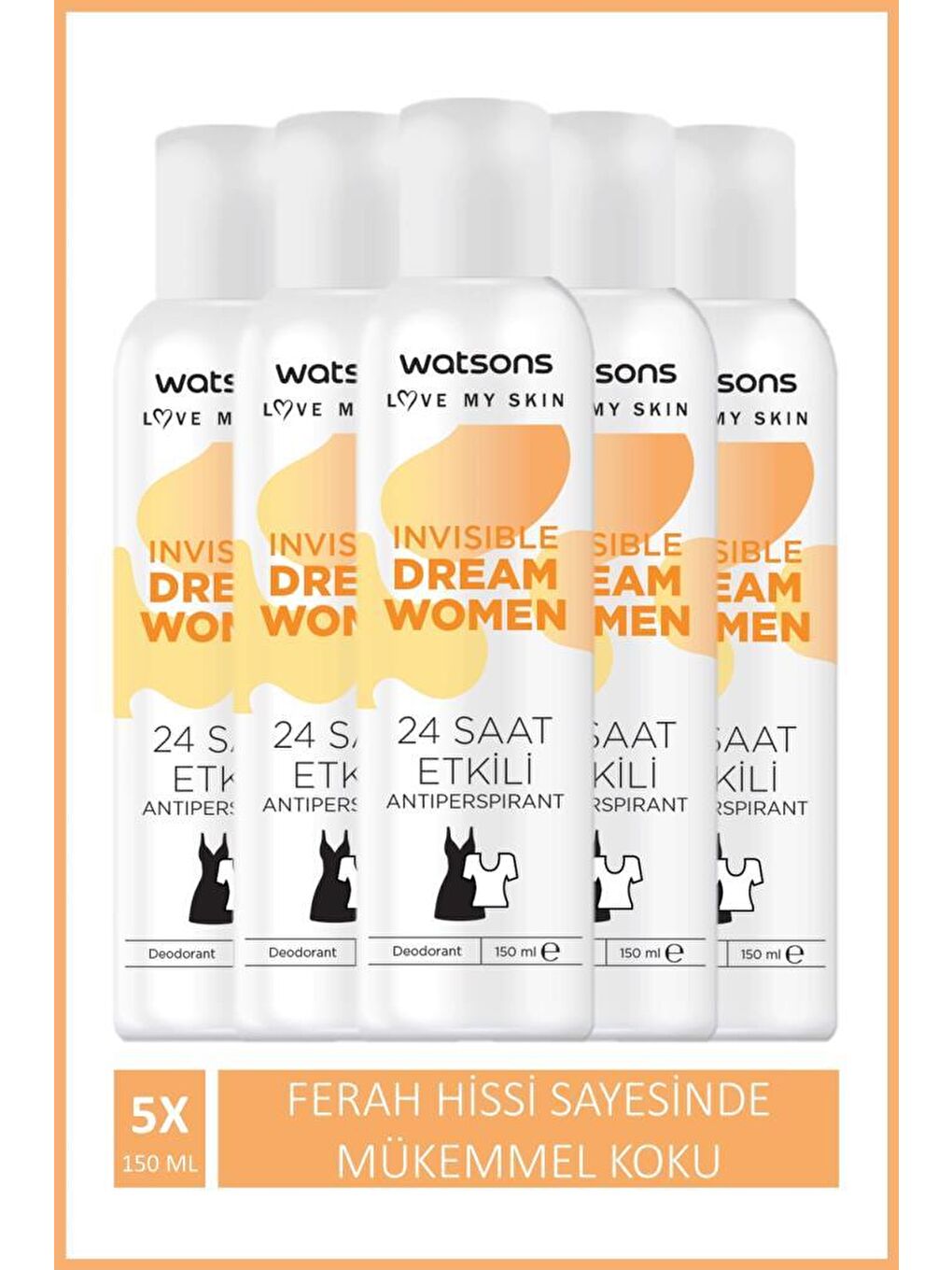 Watsons Açık Bej Invisible Fresh 24 Saat Etkili Kadın Deodorant Sprey 150 ml X5 ADET