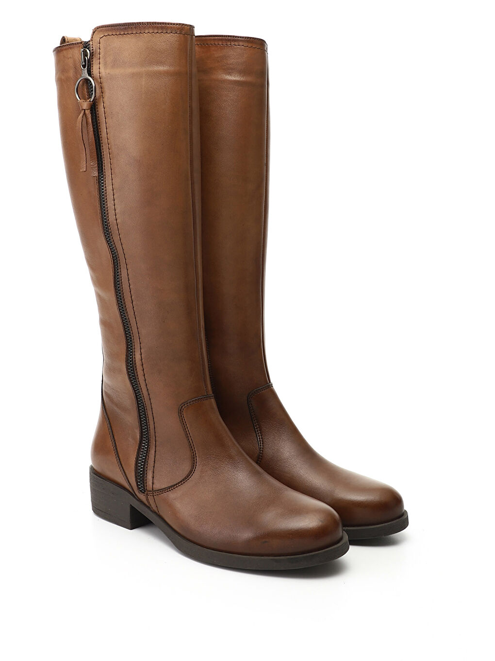 Kahverengi Kadın KAHVERENGİ-TABA Fermuarlı Kalın Topuklu Hakiki Deri Çizme-1