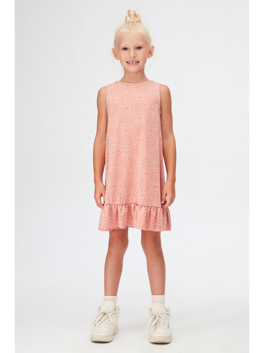Pembe Somon Yonca Desen Kız Çocuk Fırfırlı Çan Etekli Elbise