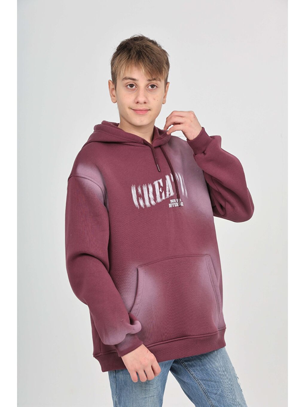 Mor Erkek Çocuk Relax Fit Kapüşonlu Cepli Baskılı Sweatshirt-5