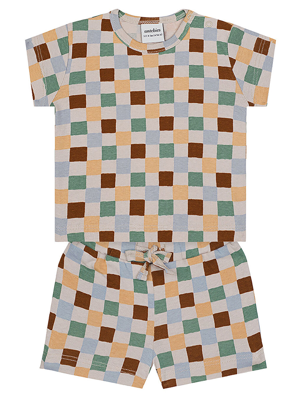 Bej Pastel Damalar Kısa Kollu Tshirt Şort Set