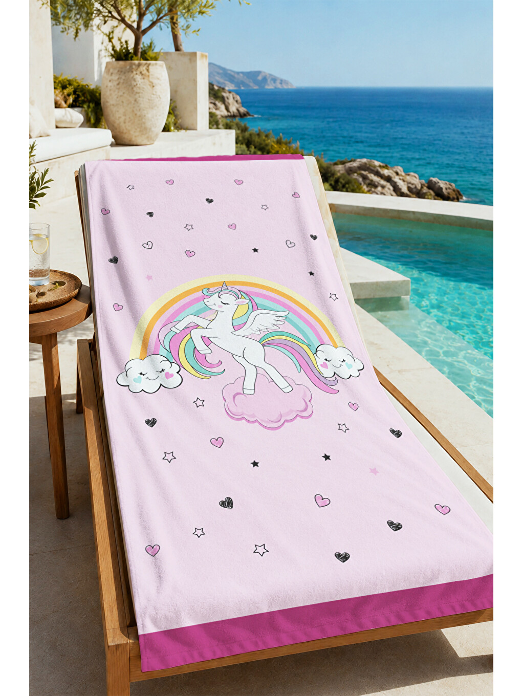 Masalsı Renk Kemeri Masalsı At Pembe Yıldızlı Desenli 70x150 Plaj Havlusu - Pamuklu Banyo Havlusu-4